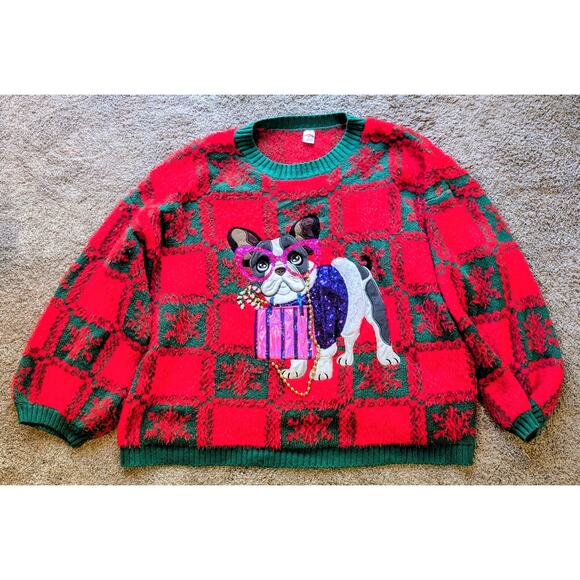 Ugly Christmas Sweater3X Embellished French Bulldog Glasses Purse Red Green GLTR - Picture 1 of 10